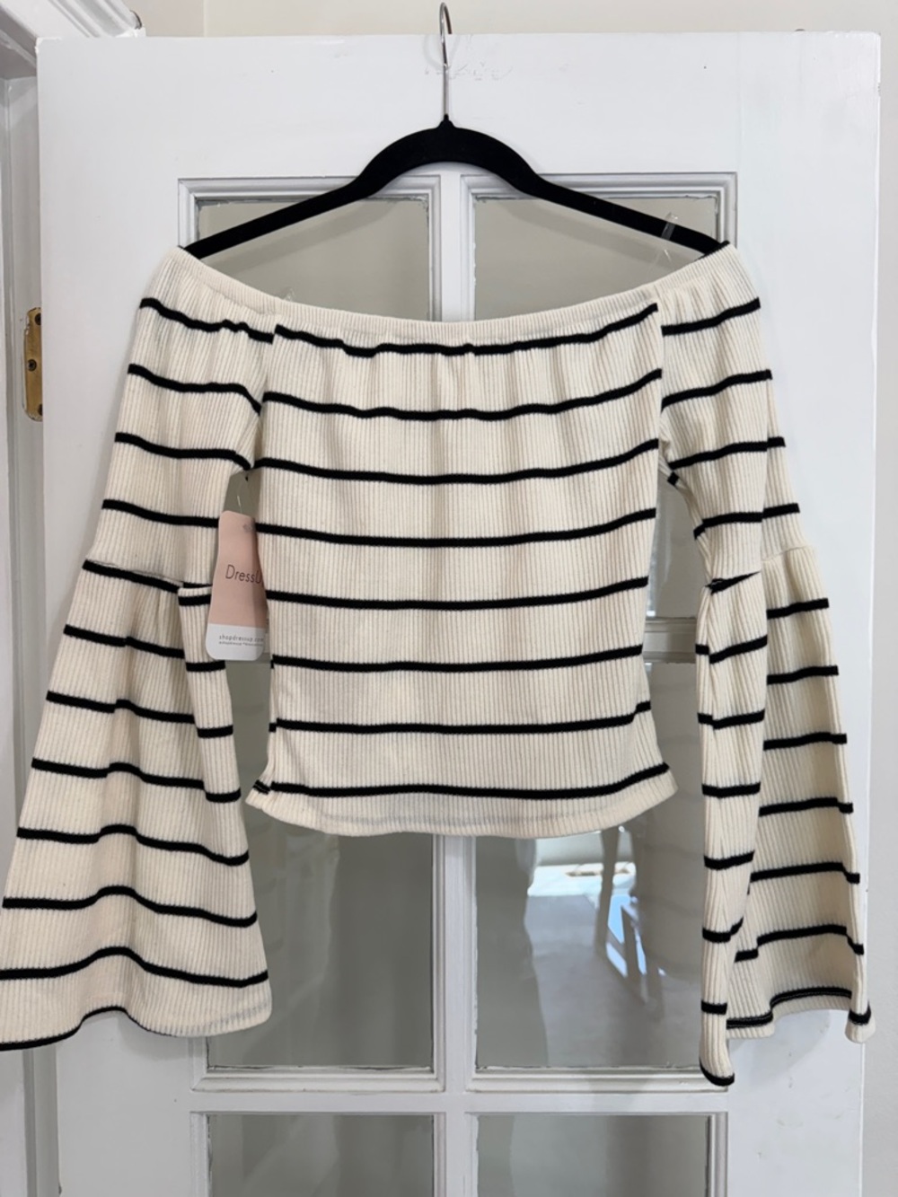 Striped Off-Shoulder Bell-Sleeve Tunic in Cream and Black